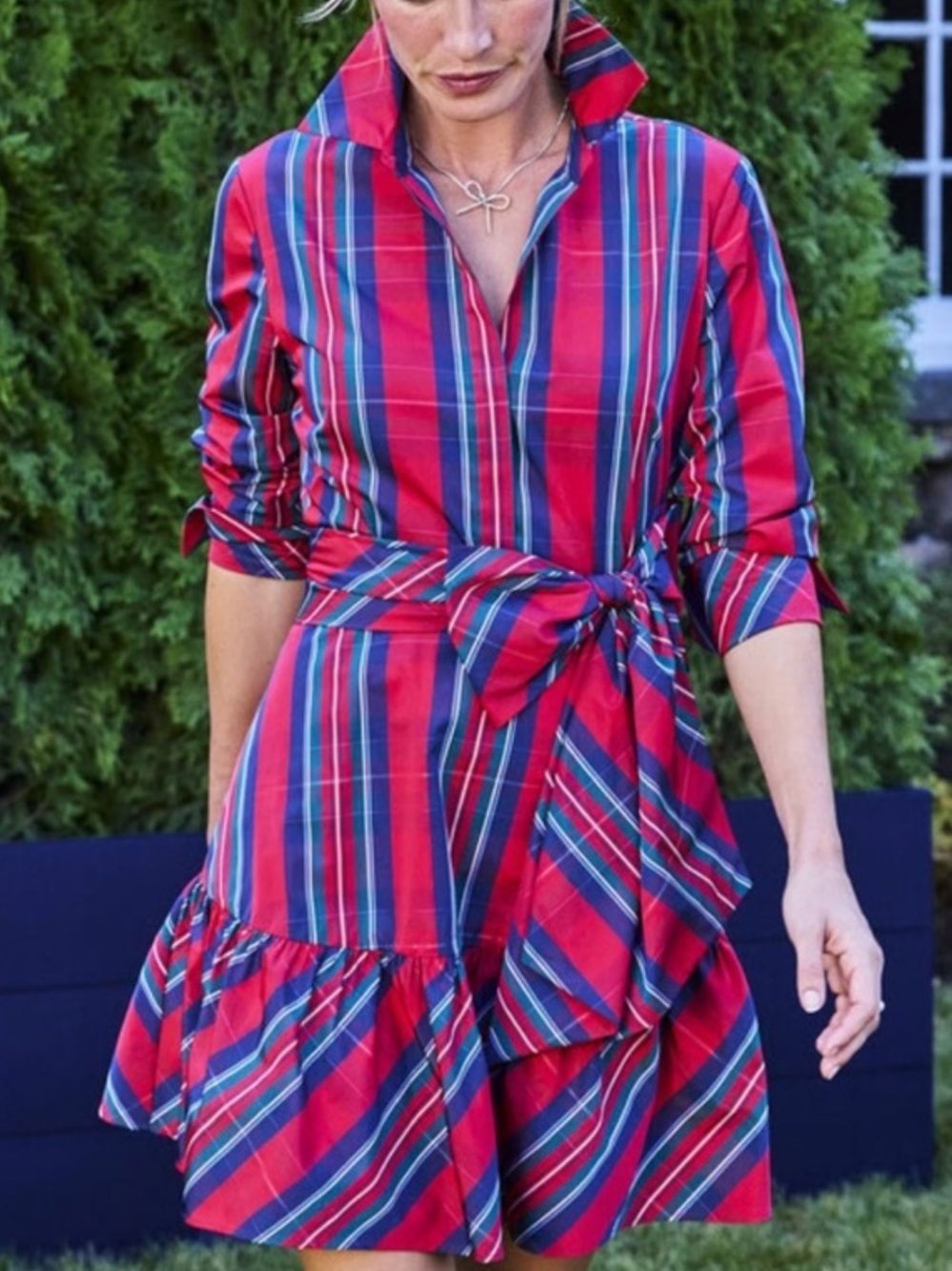 Vineyard Vines Taffeta Tie-Waist Shirtdress Balsam Plaid red green blue NWT